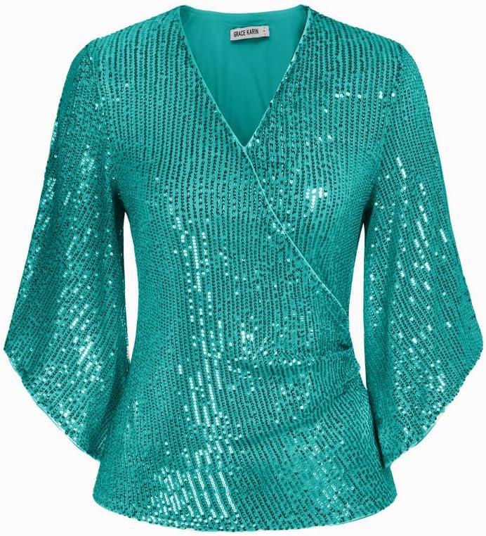 imageGRACE KARIN Womens Sparkly Sequin Tops34 Sleeve Glitter Party Dressy BlouseVNeck Disco Evening Club Concert ShirtAqua Green