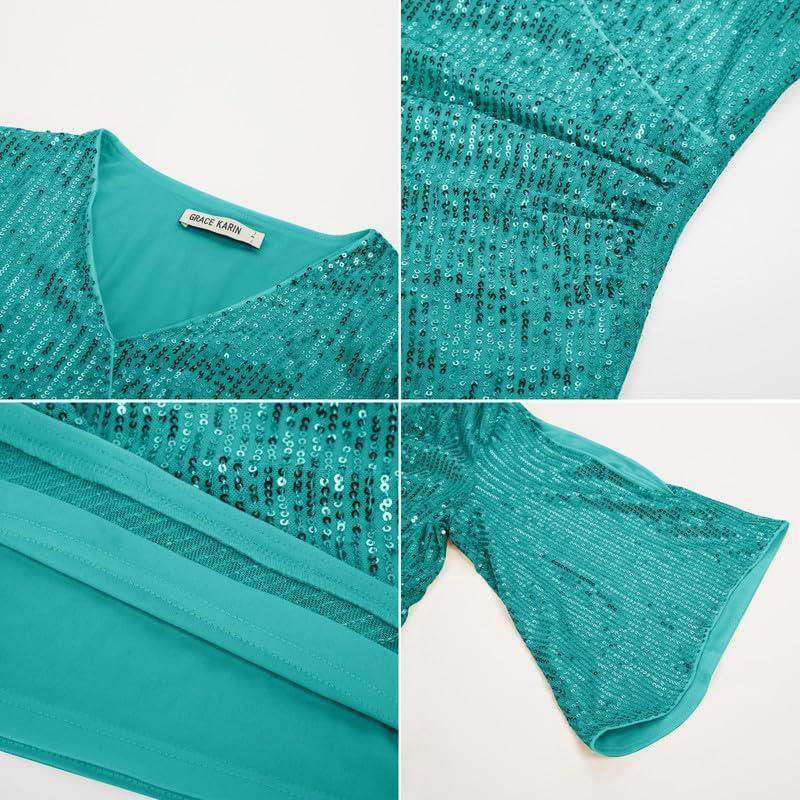 imageGRACE KARIN Womens Sparkly Sequin Tops34 Sleeve Glitter Party Dressy BlouseVNeck Disco Evening Club Concert ShirtAqua Green