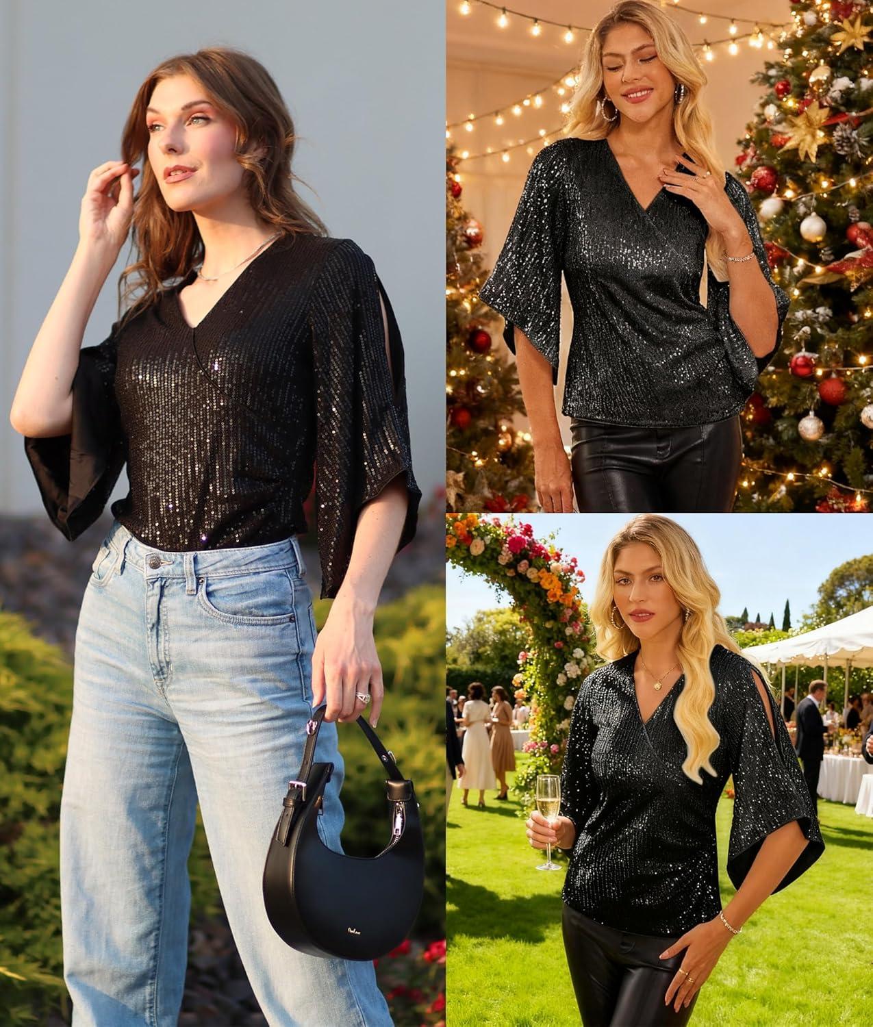 imageGRACE KARIN Womens Sparkly Sequin Tops34 Sleeve Glitter Party Dressy BlouseVNeck Disco Evening Club Concert ShirtBlack