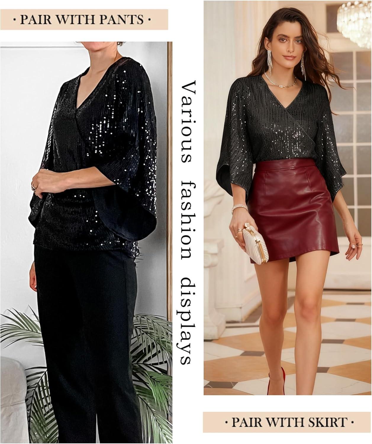 imageGRACE KARIN Womens Sparkly Sequin Tops34 Sleeve Glitter Party Dressy BlouseVNeck Disco Evening Club Concert ShirtBlack