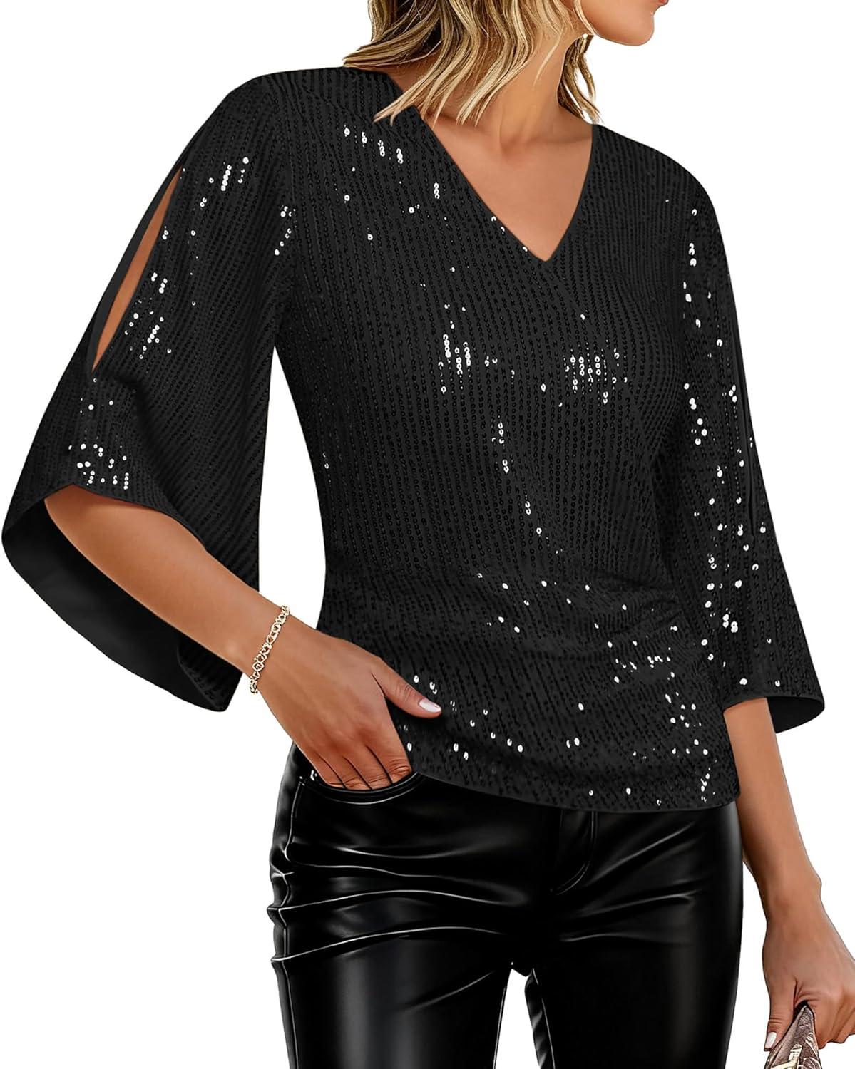 imageGRACE KARIN Womens Sparkly Sequin Tops34 Sleeve Glitter Party Dressy BlouseVNeck Disco Evening Club Concert ShirtBlack