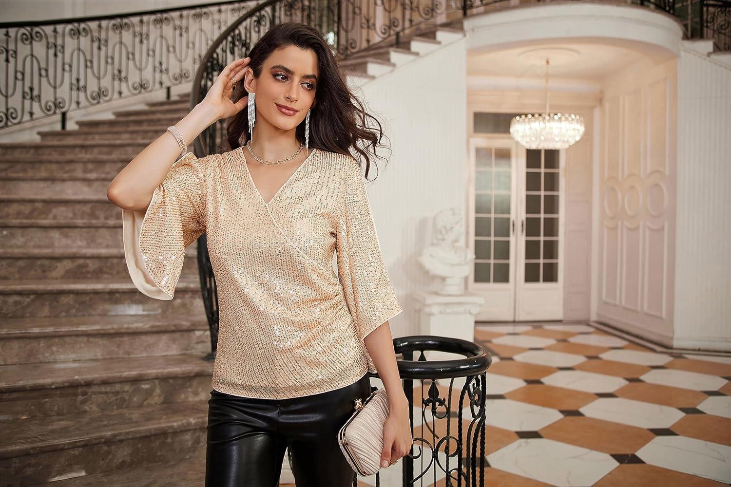 imageGRACE KARIN Womens Sparkly Sequin Tops34 Sleeve Glitter Party Dressy BlouseVNeck Disco Evening Club Concert ShirtChampagne