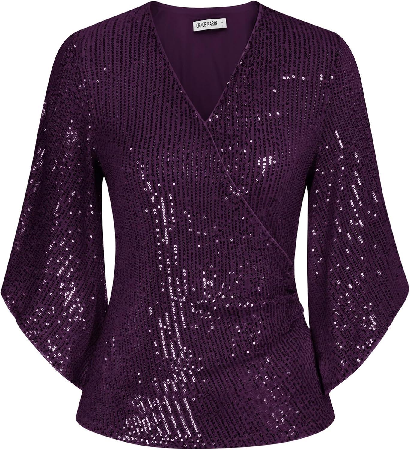 imageGRACE KARIN Womens Sparkly Sequin Tops34 Sleeve Glitter Party Dressy BlouseVNeck Disco Evening Club Concert ShirtDark Purple