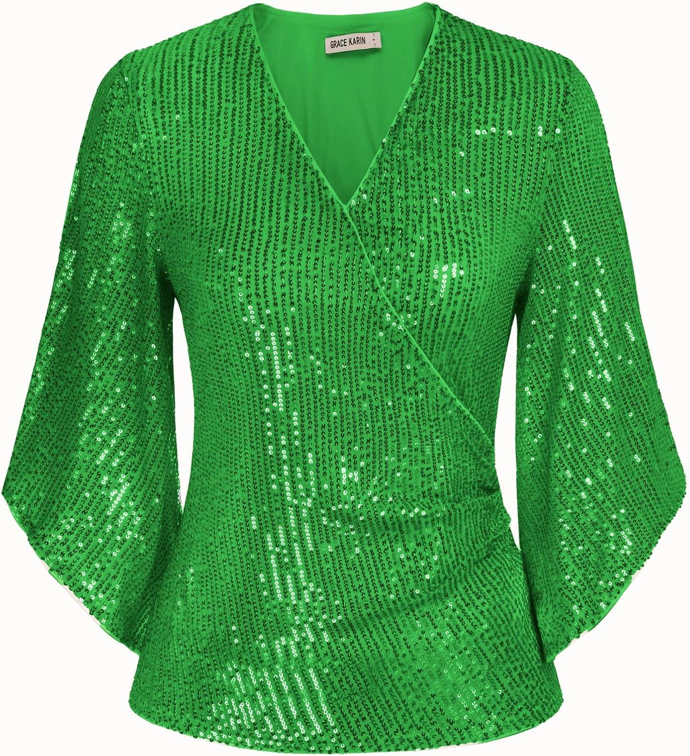 imageGRACE KARIN Womens Sparkly Sequin Tops34 Sleeve Glitter Party Dressy BlouseVNeck Disco Evening Club Concert ShirtFantasy Lime Green