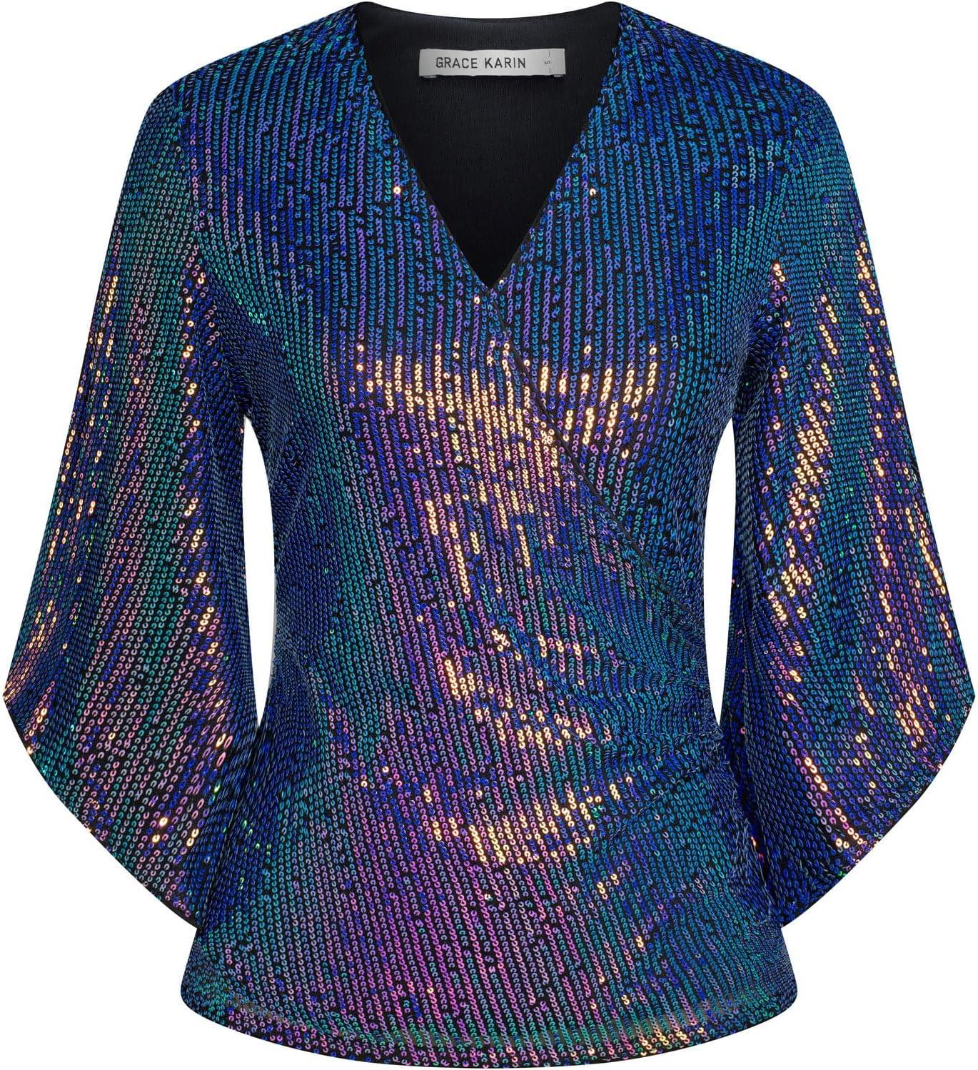 imageGRACE KARIN Womens Sparkly Sequin Tops34 Sleeve Glitter Party Dressy BlouseVNeck Disco Evening Club Concert ShirtFantasy Purple