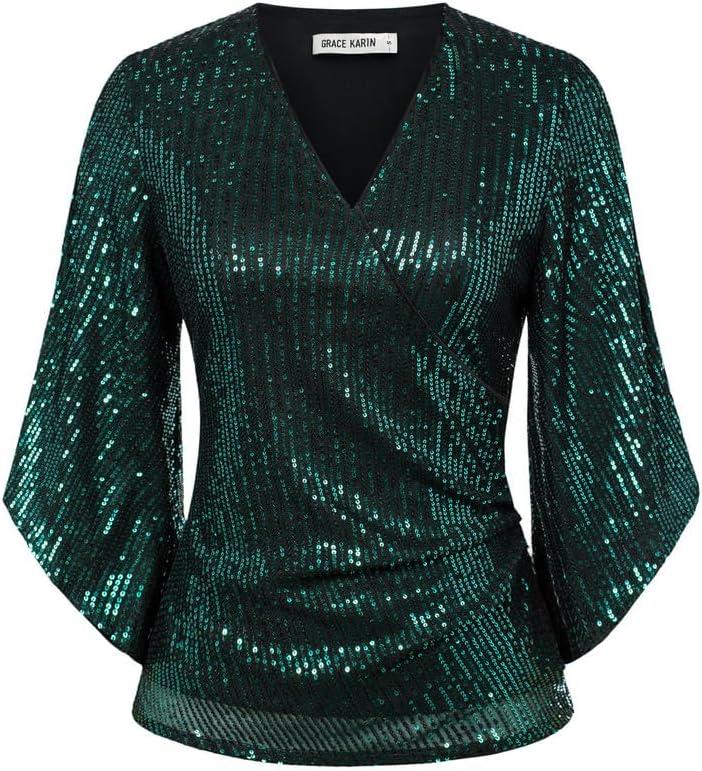 imageGRACE KARIN Womens Sparkly Sequin Tops34 Sleeve Glitter Party Dressy BlouseVNeck Disco Evening Club Concert ShirtGreen on Black