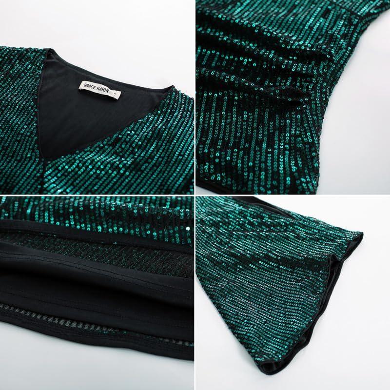 imageGRACE KARIN Womens Sparkly Sequin Tops34 Sleeve Glitter Party Dressy BlouseVNeck Disco Evening Club Concert ShirtGreen on Black