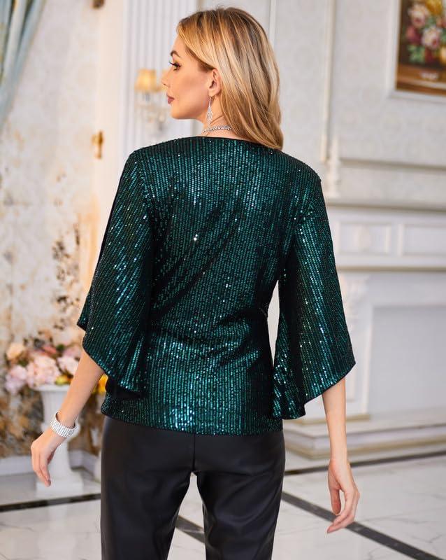 imageGRACE KARIN Womens Sparkly Sequin Tops34 Sleeve Glitter Party Dressy BlouseVNeck Disco Evening Club Concert ShirtGreen on Black