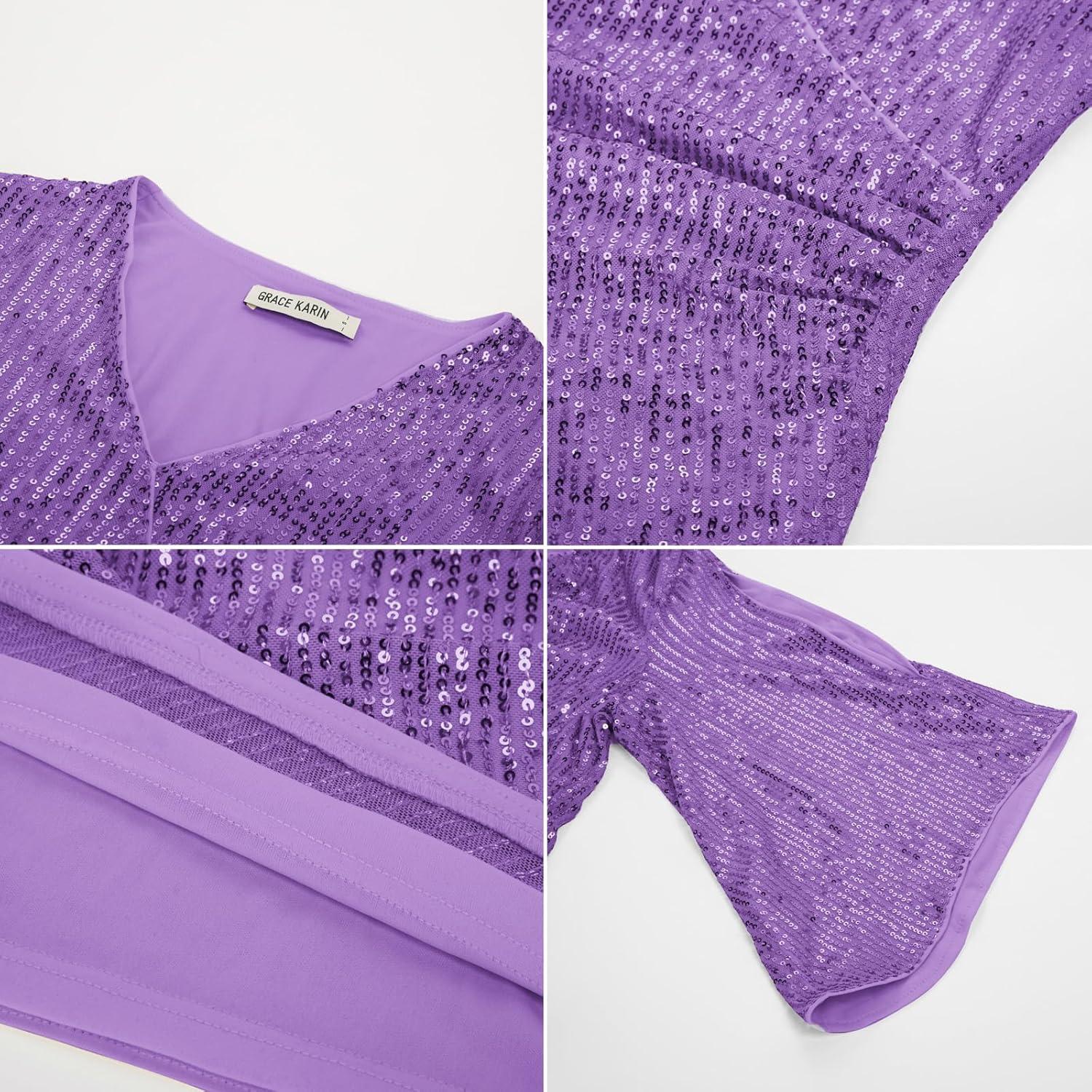 imageGRACE KARIN Womens Sparkly Sequin Tops34 Sleeve Glitter Party Dressy BlouseVNeck Disco Evening Club Concert ShirtLavender