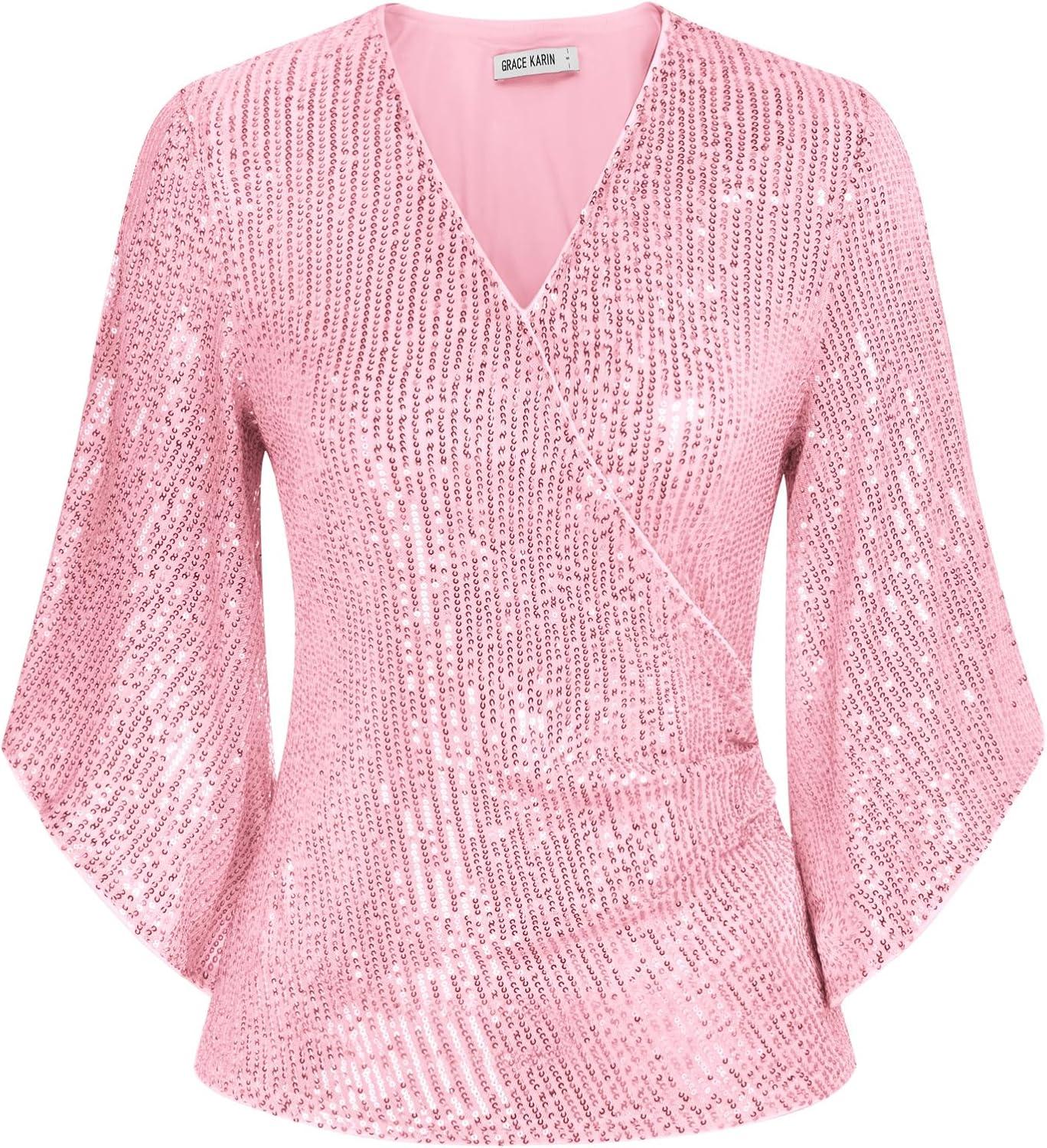 imageGRACE KARIN Womens Sparkly Sequin Tops34 Sleeve Glitter Party Dressy BlouseVNeck Disco Evening Club Concert ShirtLight Pink