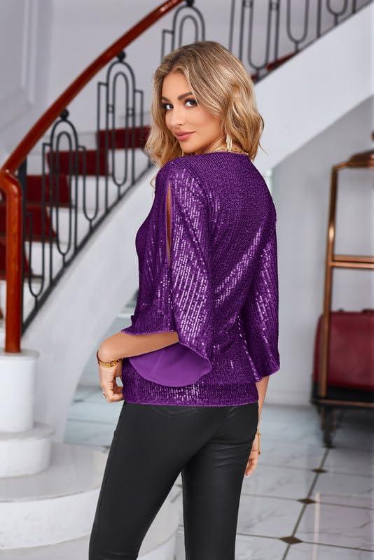 imageGRACE KARIN Womens Sparkly Sequin Tops34 Sleeve Glitter Party Dressy BlouseVNeck Disco Evening Club Concert ShirtPurple