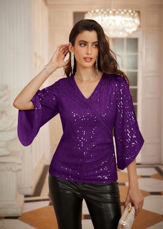 imageGRACE KARIN Womens Sparkly Sequin Tops34 Sleeve Glitter Party Dressy BlouseVNeck Disco Evening Club Concert ShirtPurple