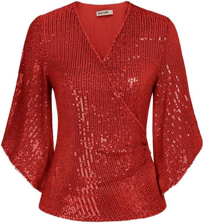 imageGRACE KARIN Womens Sparkly Sequin Tops34 Sleeve Glitter Party Dressy BlouseVNeck Disco Evening Club Concert ShirtRed