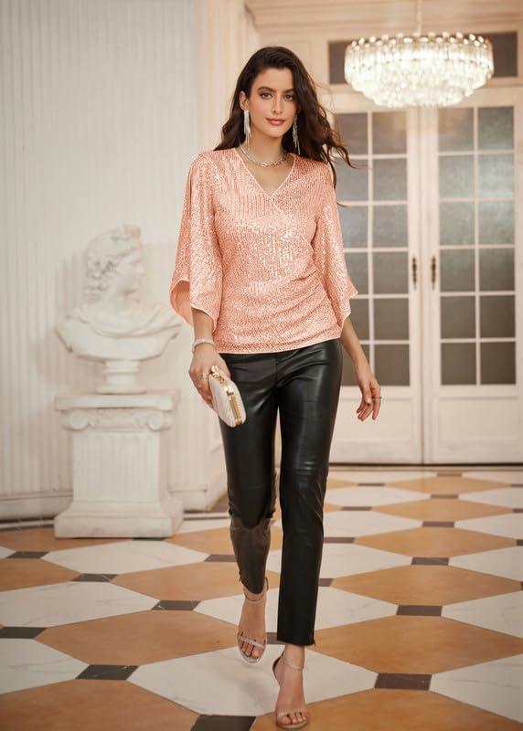 imageGRACE KARIN Womens Sparkly Sequin Tops34 Sleeve Glitter Party Dressy BlouseVNeck Disco Evening Club Concert ShirtRose Gold