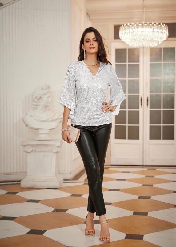 imageGRACE KARIN Womens Sparkly Sequin Tops34 Sleeve Glitter Party Dressy BlouseVNeck Disco Evening Club Concert ShirtSilver