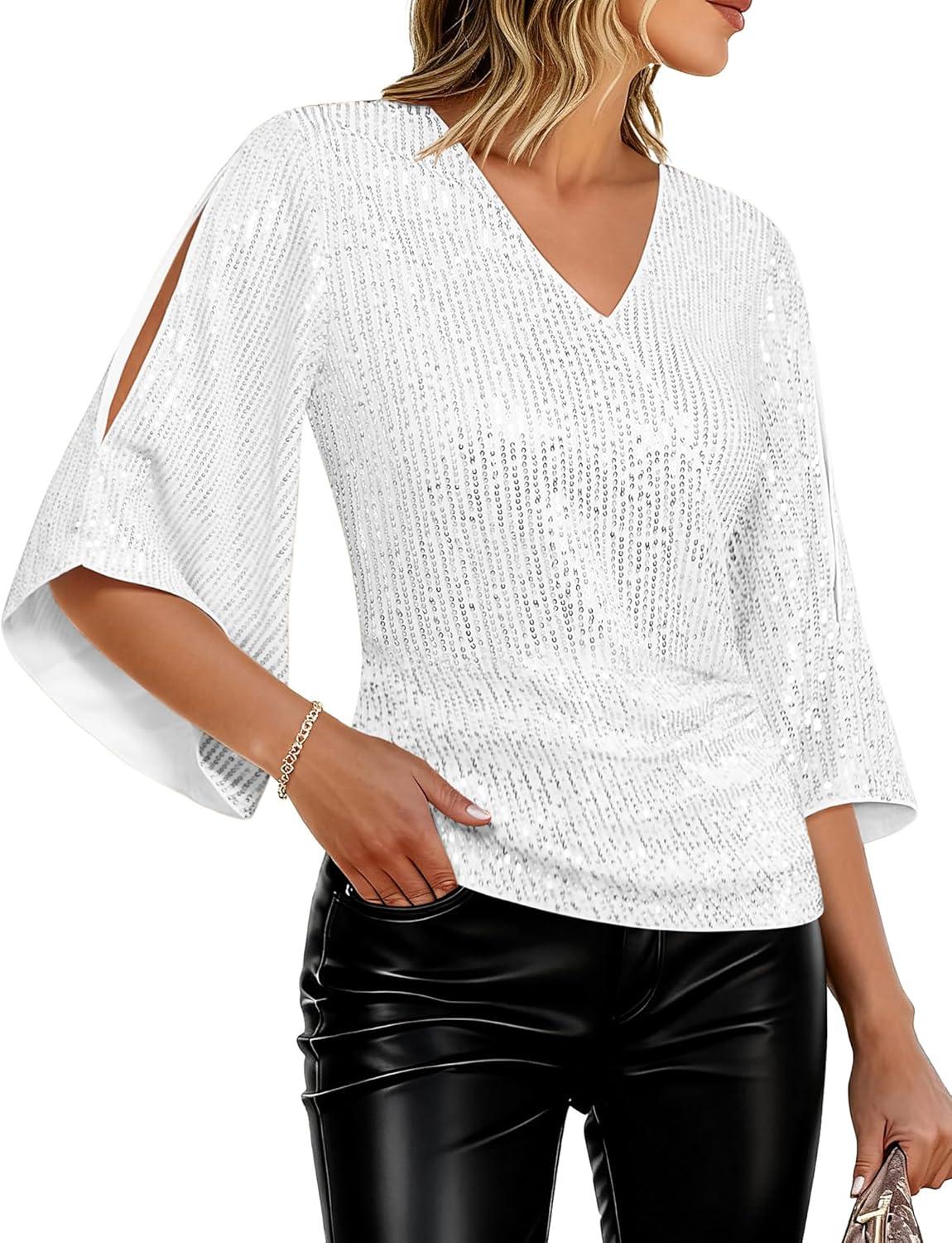 imageGRACE KARIN Womens Sparkly Sequin Tops34 Sleeve Glitter Party Dressy BlouseVNeck Disco Evening Club Concert ShirtSilver