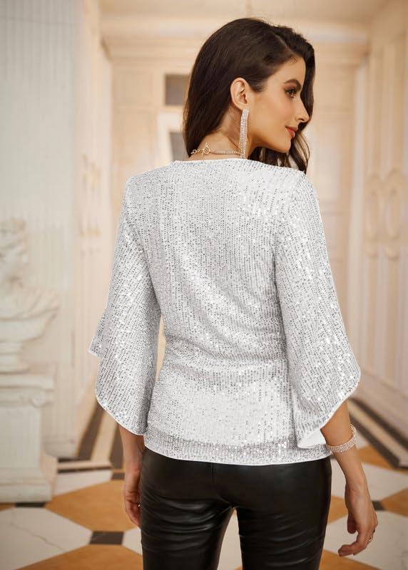 imageGRACE KARIN Womens Sparkly Sequin Tops34 Sleeve Glitter Party Dressy BlouseVNeck Disco Evening Club Concert ShirtSilver