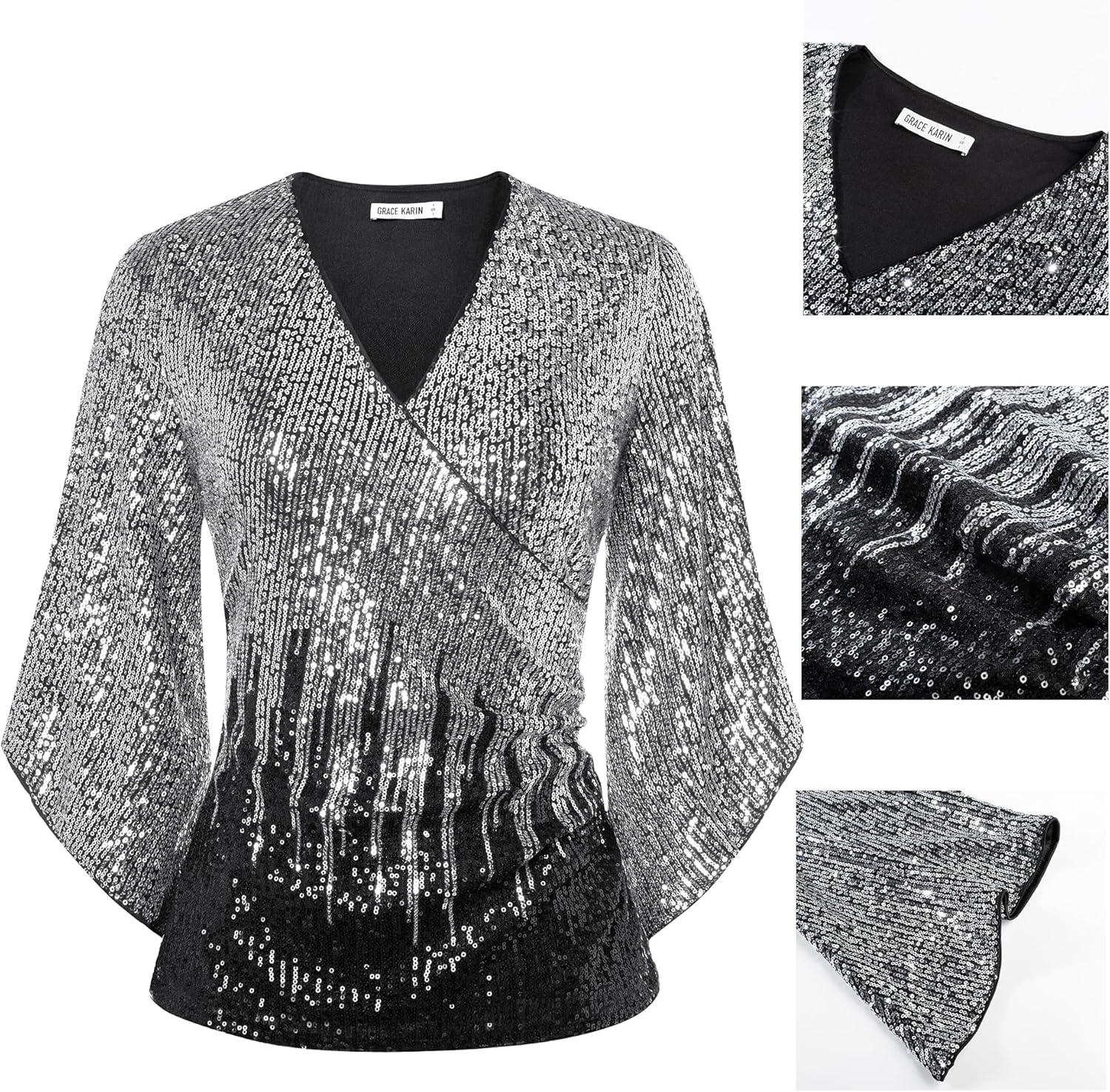 imageGRACE KARIN Womens Sparkly Sequin Tops34 Sleeve Glitter Party Dressy BlouseVNeck Disco Evening Club Concert ShirtSilver Black