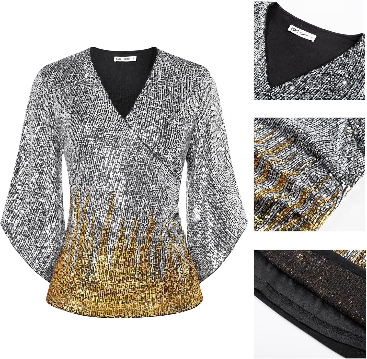 imageGRACE KARIN Womens Sparkly Sequin Tops34 Sleeve Glitter Party Dressy BlouseVNeck Disco Evening Club Concert ShirtSilver Gold