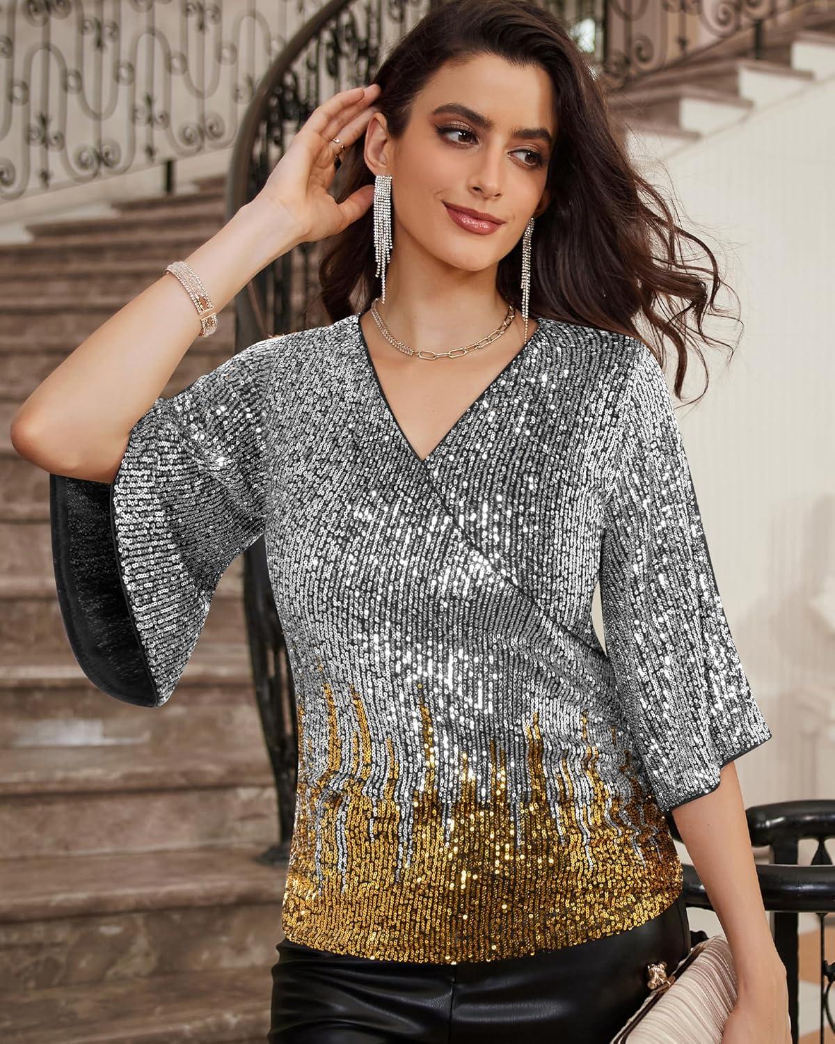 imageGRACE KARIN Womens Sparkly Sequin Tops34 Sleeve Glitter Party Dressy BlouseVNeck Disco Evening Club Concert ShirtSilver Gold