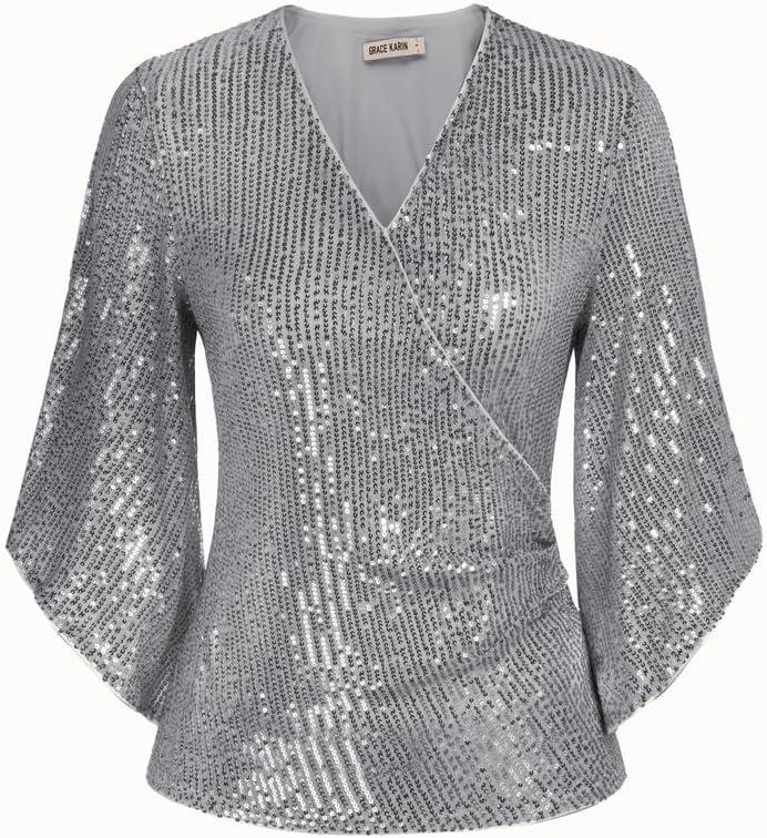 imageGRACE KARIN Womens Sparkly Sequin Tops34 Sleeve Glitter Party Dressy BlouseVNeck Disco Evening Club Concert ShirtSilver Gray