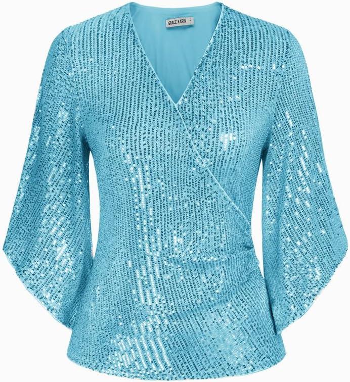 imageGRACE KARIN Womens Sparkly Sequin Tops34 Sleeve Glitter Party Dressy BlouseVNeck Disco Evening Club Concert ShirtSky Blue