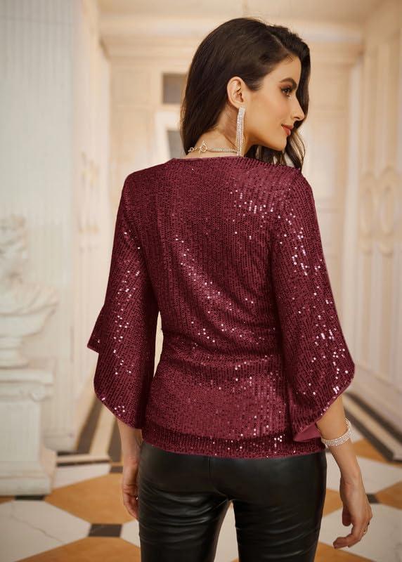 imageGRACE KARIN Womens Sparkly Sequin Tops34 Sleeve Glitter Party Dressy BlouseVNeck Disco Evening Club Concert ShirtWine Red