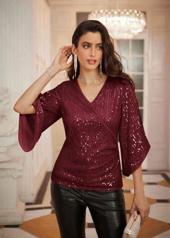 imageGRACE KARIN Womens Sparkly Sequin Tops34 Sleeve Glitter Party Dressy BlouseVNeck Disco Evening Club Concert ShirtWine Red