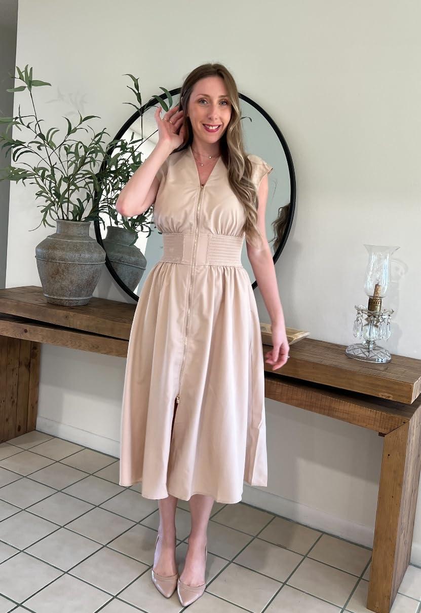 imageGRACE KARIN Womens Summer Casual Dress Business Office Work Dresses Cap Sleeve Zipper Front Flowy Midi Dress with PocketsApricot