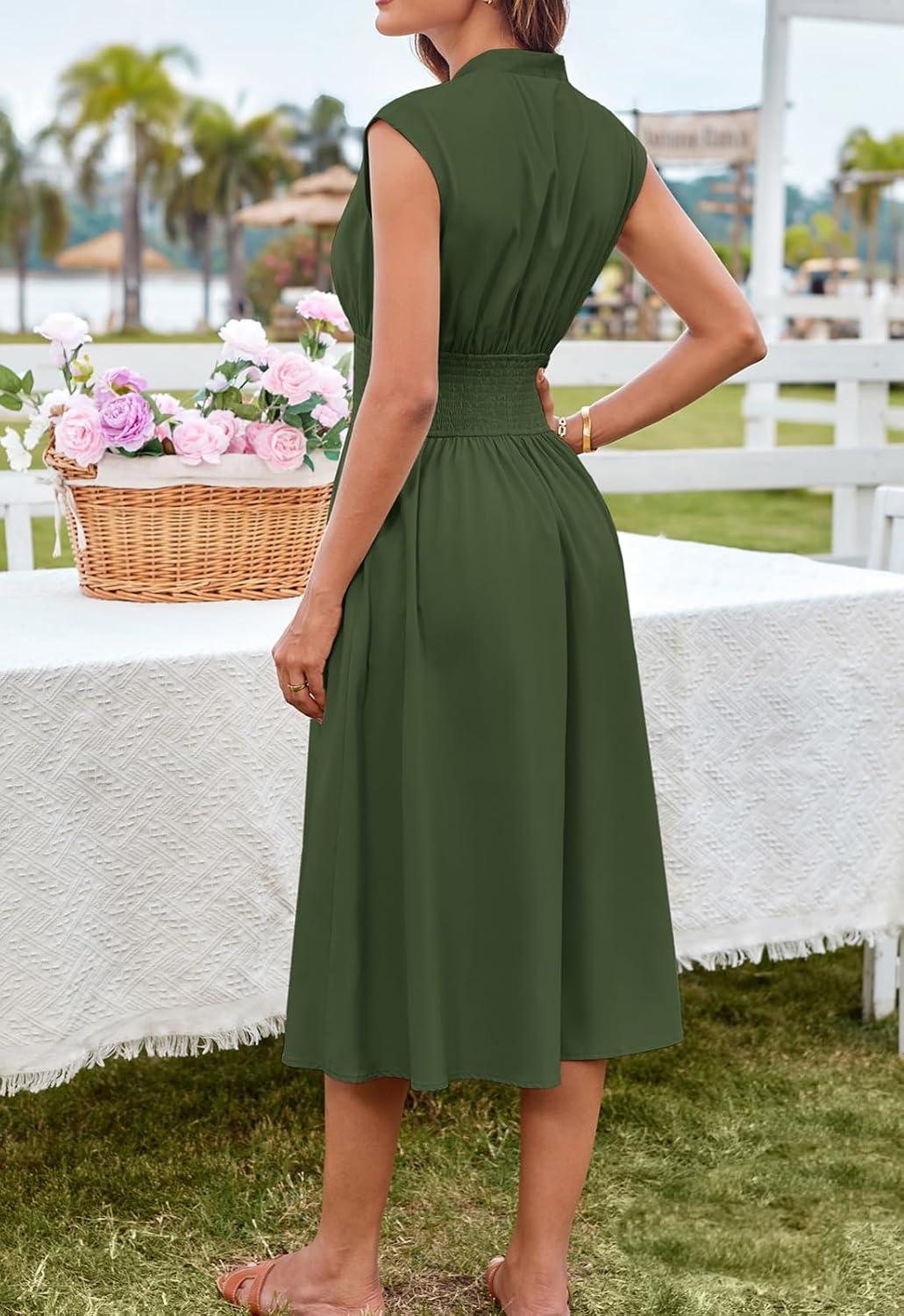 imageGRACE KARIN Womens Summer Casual Dress Business Office Work Dresses Cap Sleeve Zipper Front Flowy Midi Dress with PocketsArmy Green