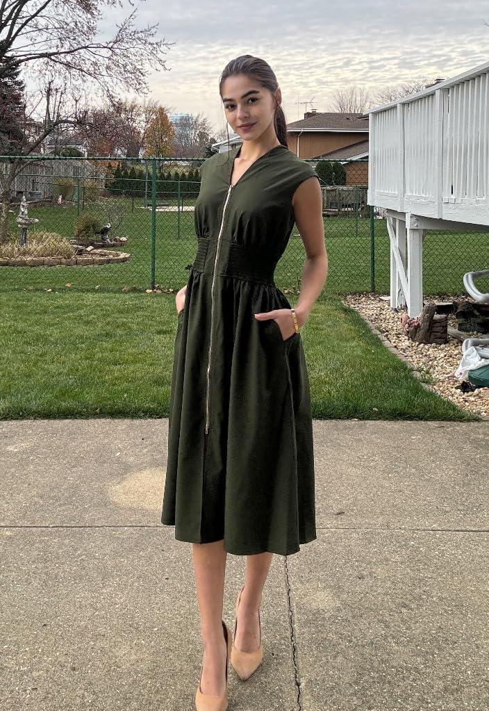 imageGRACE KARIN Womens Summer Casual Dress Business Office Work Dresses Cap Sleeve Zipper Front Flowy Midi Dress with PocketsArmy Green