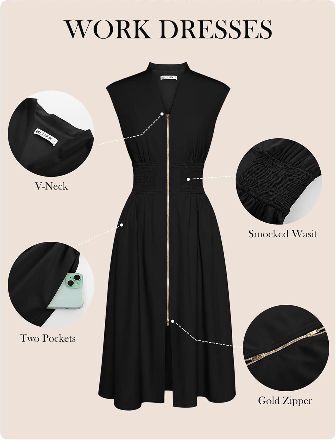 imageGRACE KARIN Womens Summer Casual Dress Business Office Work Dresses Cap Sleeve Zipper Front Flowy Midi Dress with PocketsBlack