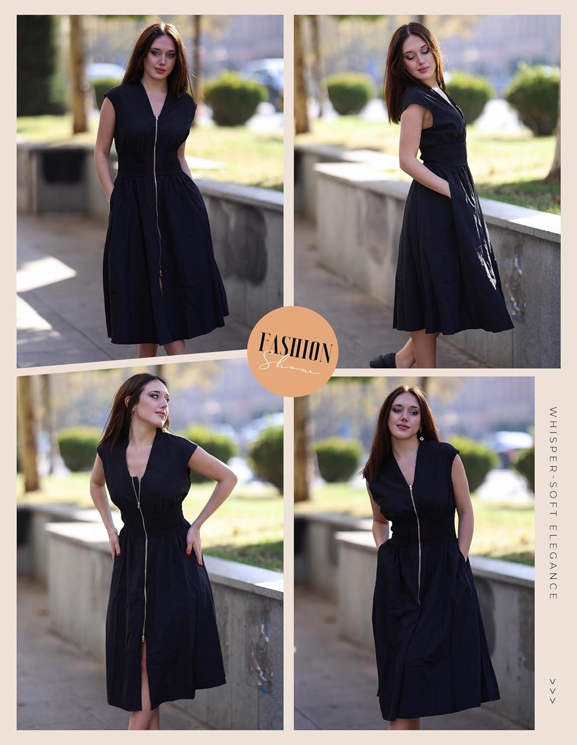 imageGRACE KARIN Womens Summer Casual Dress Business Office Work Dresses Cap Sleeve Zipper Front Flowy Midi Dress with PocketsBlack