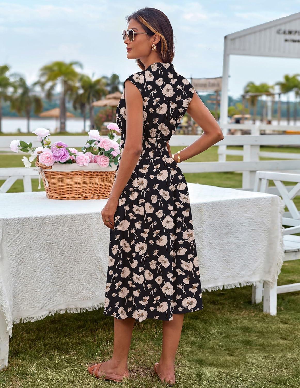 imageGRACE KARIN Womens Summer Casual Dress Business Office Work Dresses Cap Sleeve Zipper Front Flowy Midi Dress with PocketsBlack Floral
