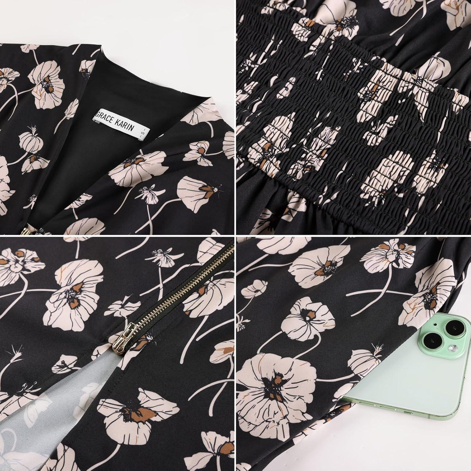 imageGRACE KARIN Womens Summer Casual Dress Business Office Work Dresses Cap Sleeve Zipper Front Flowy Midi Dress with PocketsBlack Floral