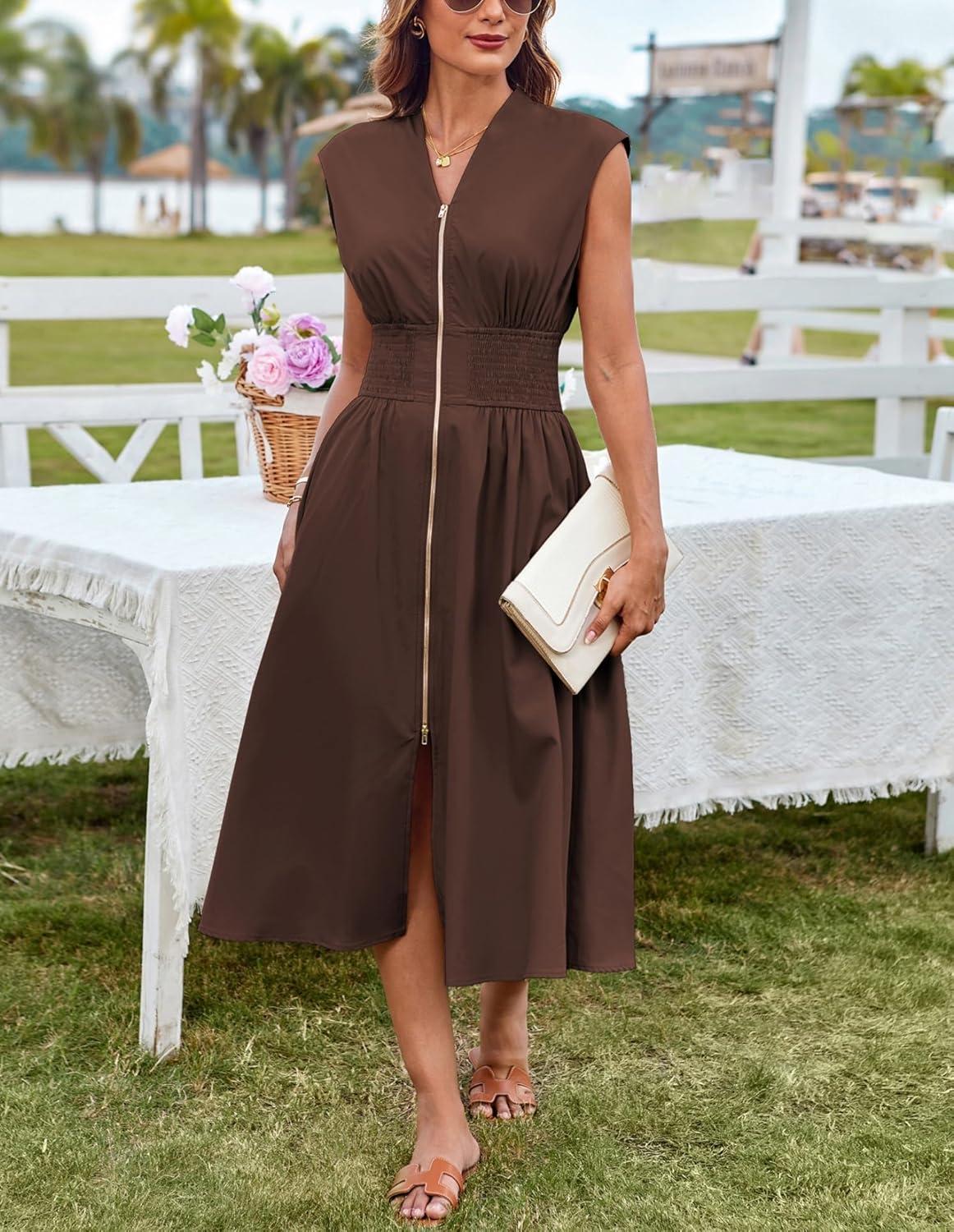 imageGRACE KARIN Womens Summer Casual Dress Business Office Work Dresses Cap Sleeve Zipper Front Flowy Midi Dress with PocketsBrown