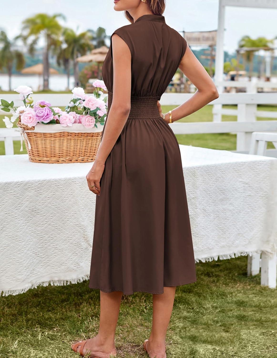 imageGRACE KARIN Womens Summer Casual Dress Business Office Work Dresses Cap Sleeve Zipper Front Flowy Midi Dress with PocketsBrown