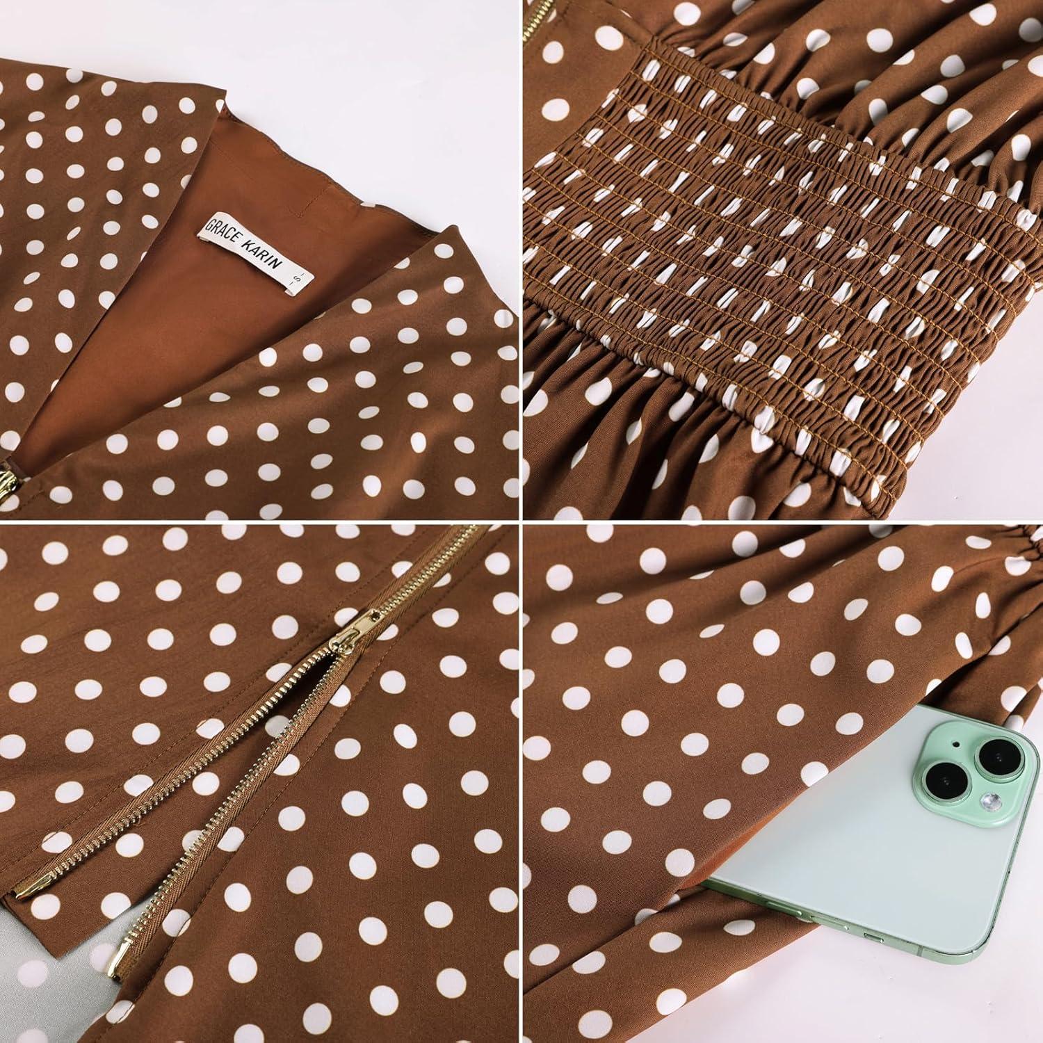 imageGRACE KARIN Womens Summer Casual Dress Business Office Work Dresses Cap Sleeve Zipper Front Flowy Midi Dress with PocketsBrown Polka Dot