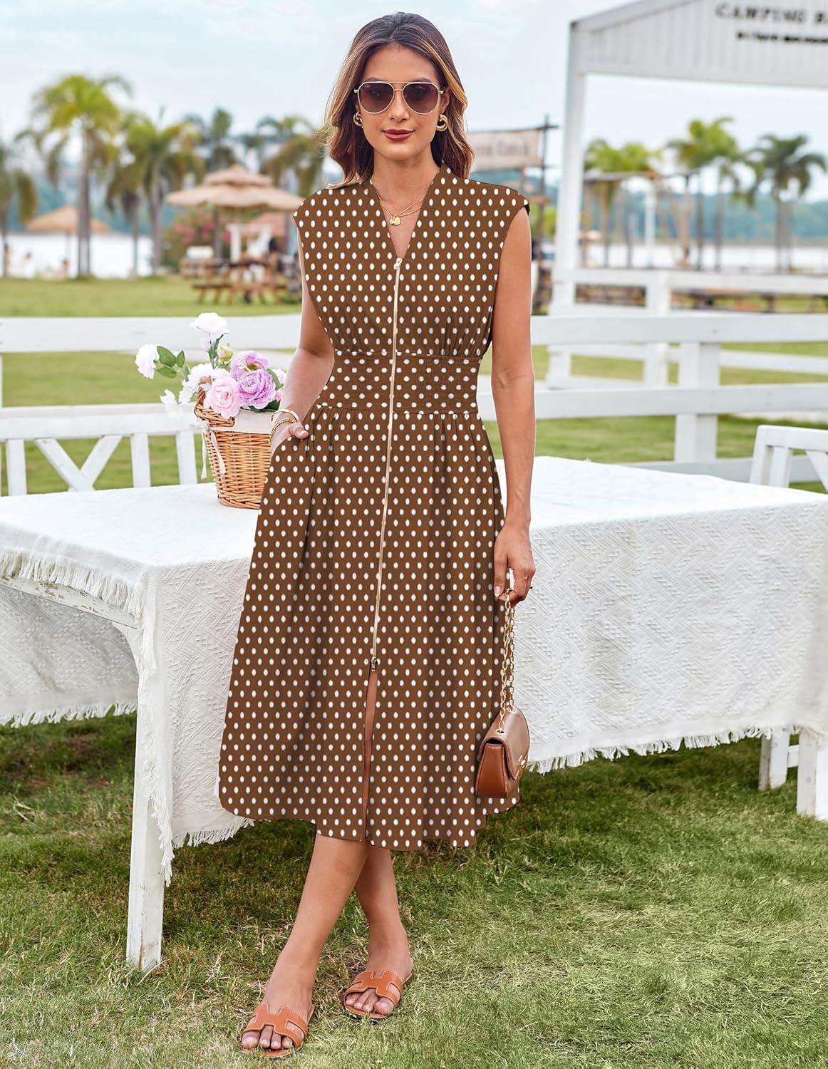 imageGRACE KARIN Womens Summer Casual Dress Business Office Work Dresses Cap Sleeve Zipper Front Flowy Midi Dress with PocketsBrown Polka Dot