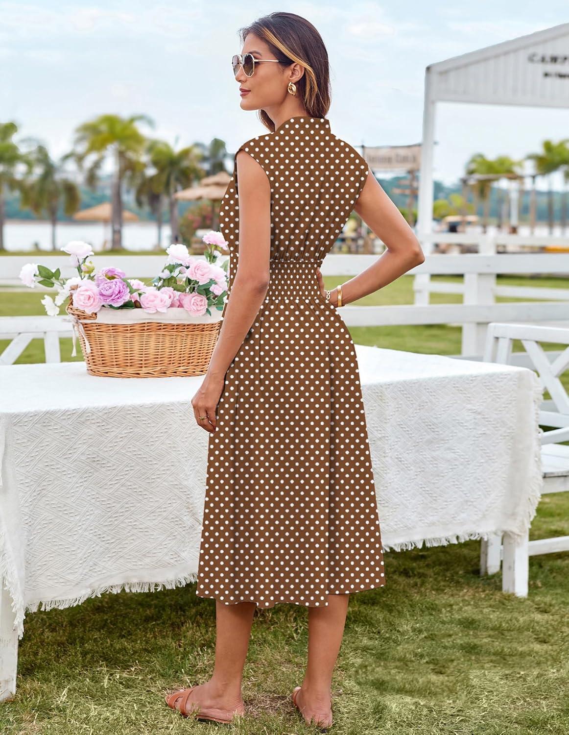 imageGRACE KARIN Womens Summer Casual Dress Business Office Work Dresses Cap Sleeve Zipper Front Flowy Midi Dress with PocketsBrown Polka Dot