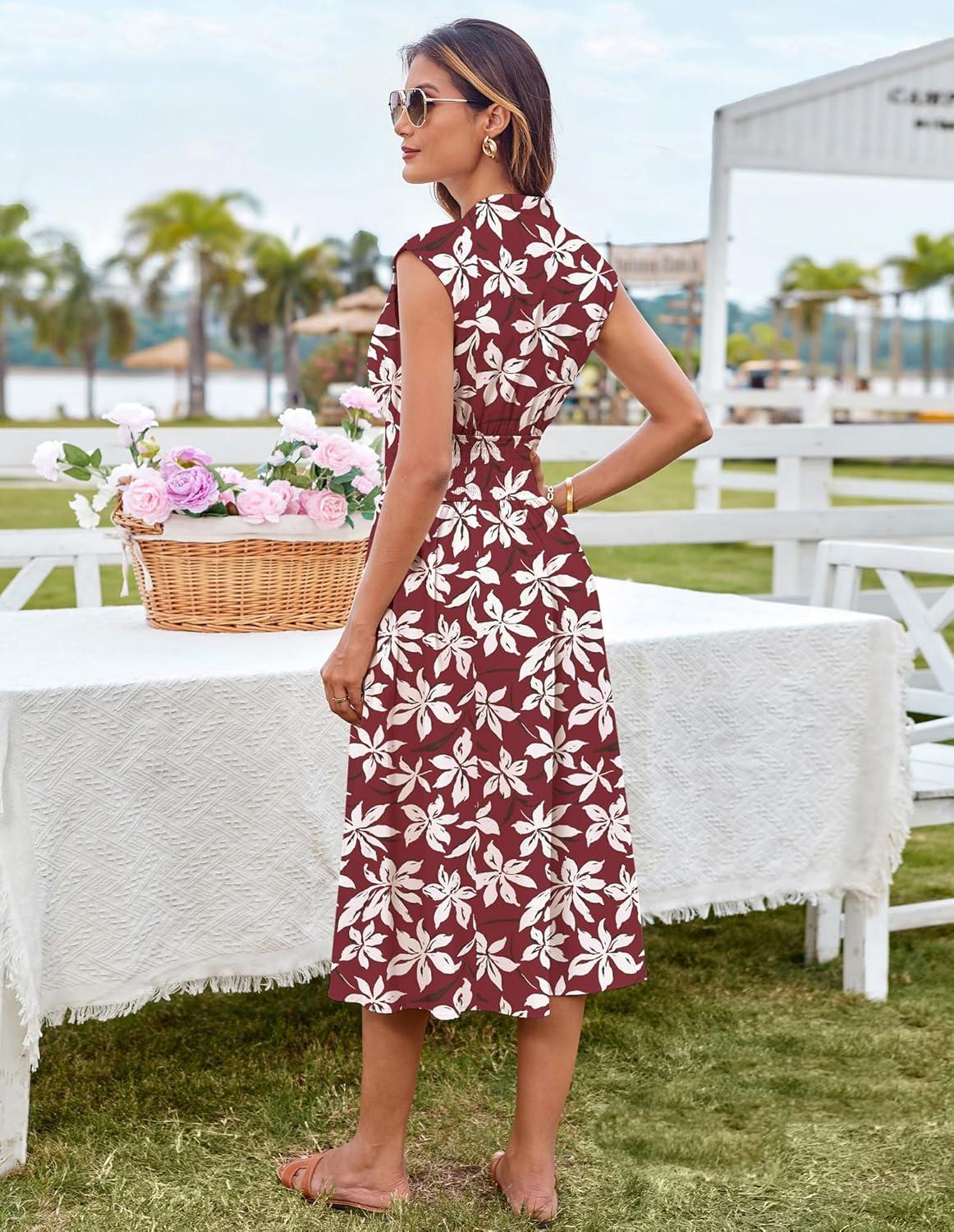 imageGRACE KARIN Womens Summer Casual Dress Business Office Work Dresses Cap Sleeve Zipper Front Flowy Midi Dress with PocketsBurgundy Floral