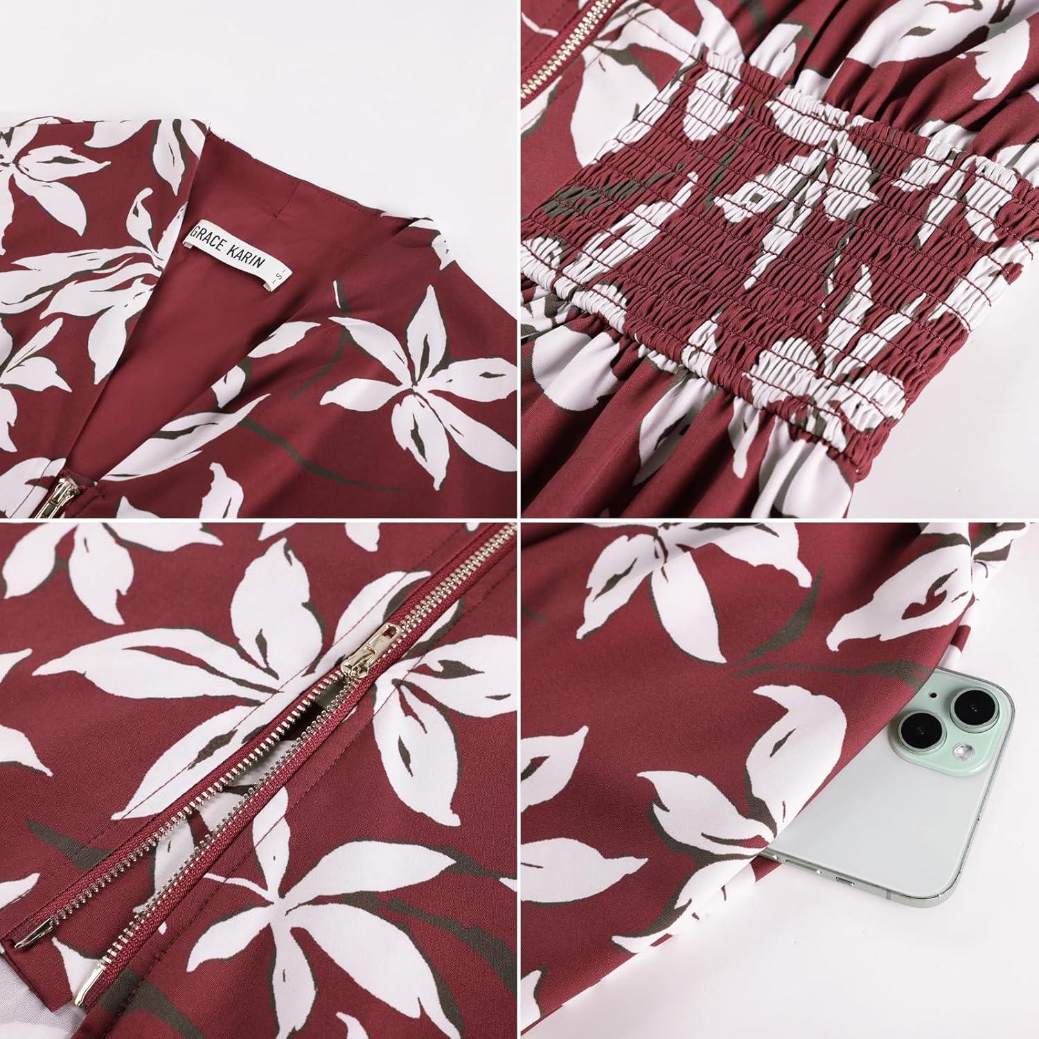 imageGRACE KARIN Womens Summer Casual Dress Business Office Work Dresses Cap Sleeve Zipper Front Flowy Midi Dress with PocketsBurgundy Floral