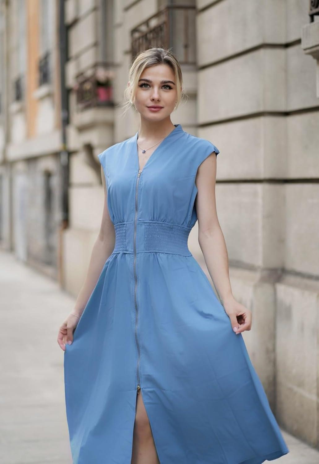 imageGRACE KARIN Womens Summer Casual Dress Business Office Work Dresses Cap Sleeve Zipper Front Flowy Midi Dress with PocketsGray Blue