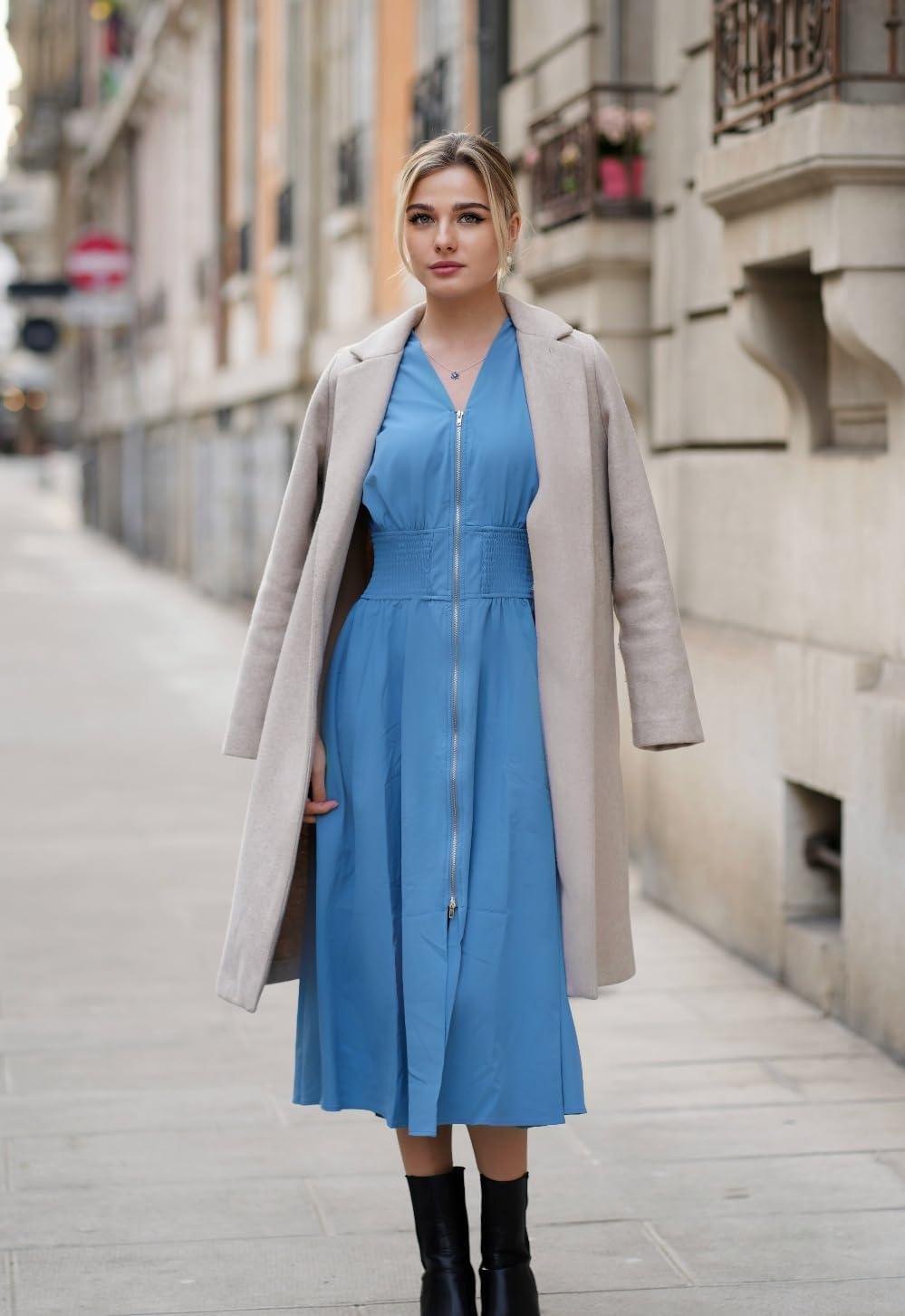imageGRACE KARIN Womens Summer Casual Dress Business Office Work Dresses Cap Sleeve Zipper Front Flowy Midi Dress with PocketsGray Blue
