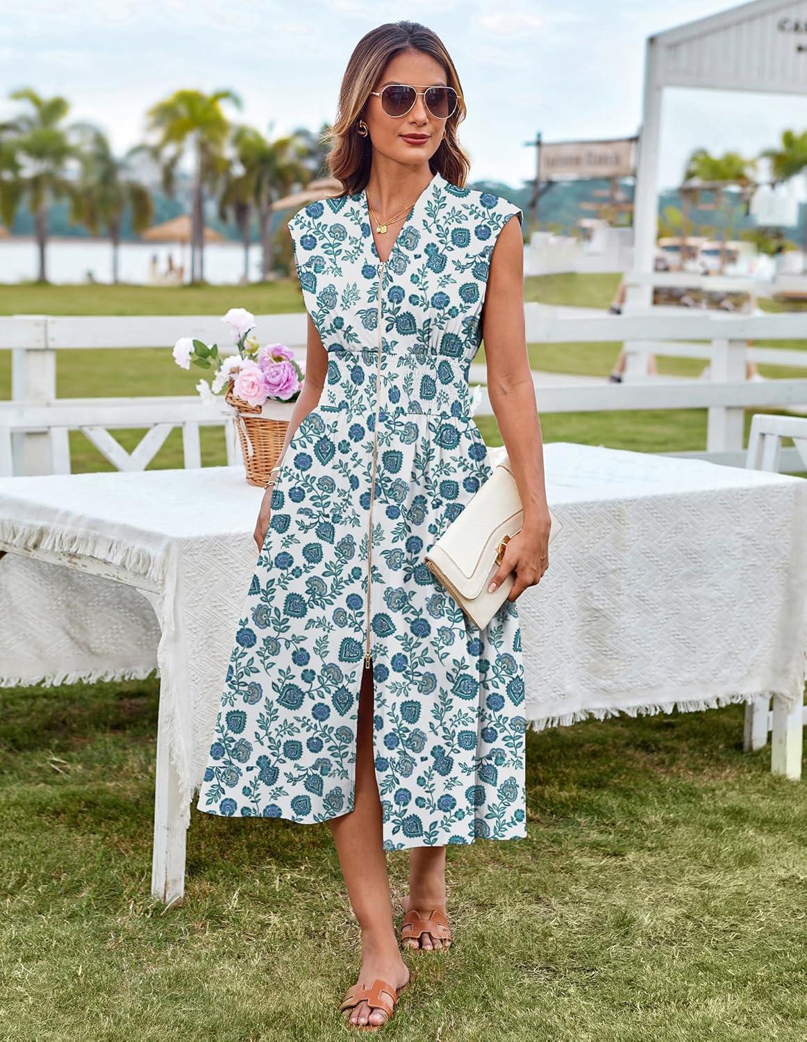 imageGRACE KARIN Womens Summer Casual Dress Business Office Work Dresses Cap Sleeve Zipper Front Flowy Midi Dress with PocketsGreen Floral
