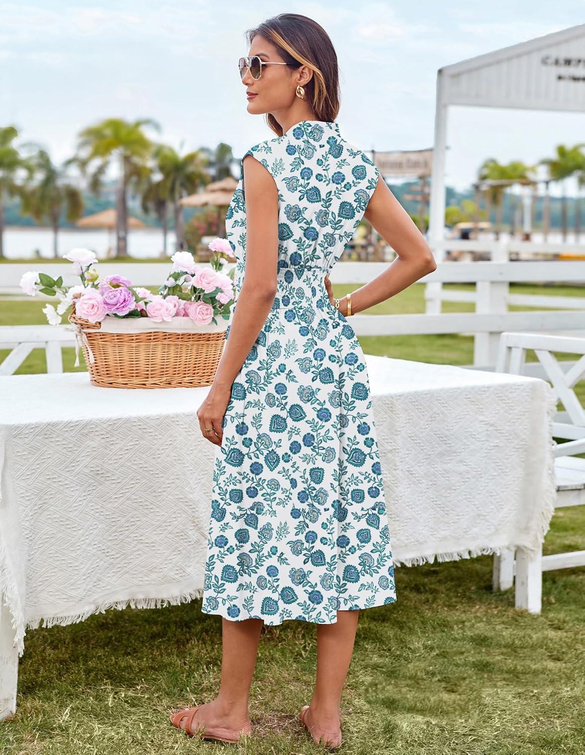 imageGRACE KARIN Womens Summer Casual Dress Business Office Work Dresses Cap Sleeve Zipper Front Flowy Midi Dress with PocketsGreen Floral