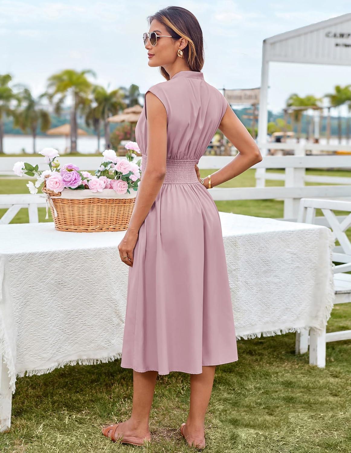 imageGRACE KARIN Womens Summer Casual Dress Business Office Work Dresses Cap Sleeve Zipper Front Flowy Midi Dress with PocketsGrey Pink