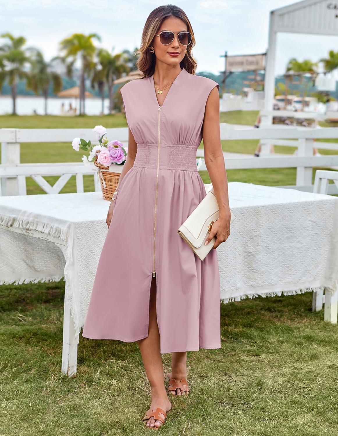 imageGRACE KARIN Womens Summer Casual Dress Business Office Work Dresses Cap Sleeve Zipper Front Flowy Midi Dress with PocketsGrey Pink