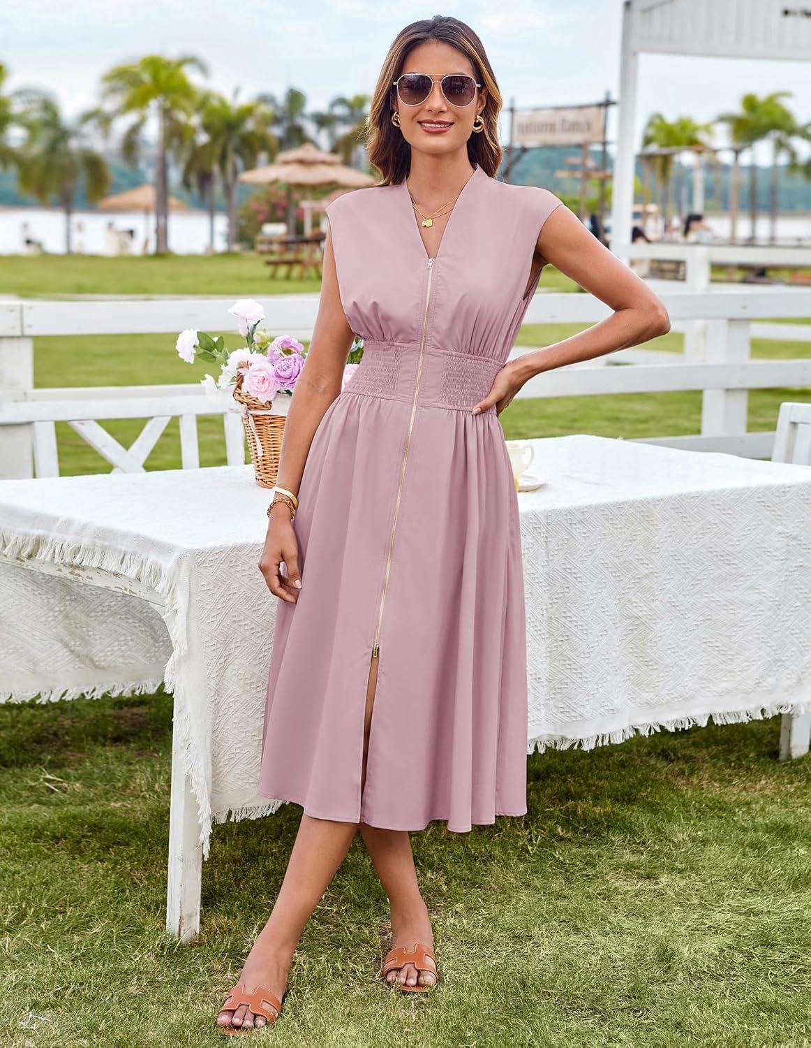 imageGRACE KARIN Womens Summer Casual Dress Business Office Work Dresses Cap Sleeve Zipper Front Flowy Midi Dress with PocketsGrey Pink