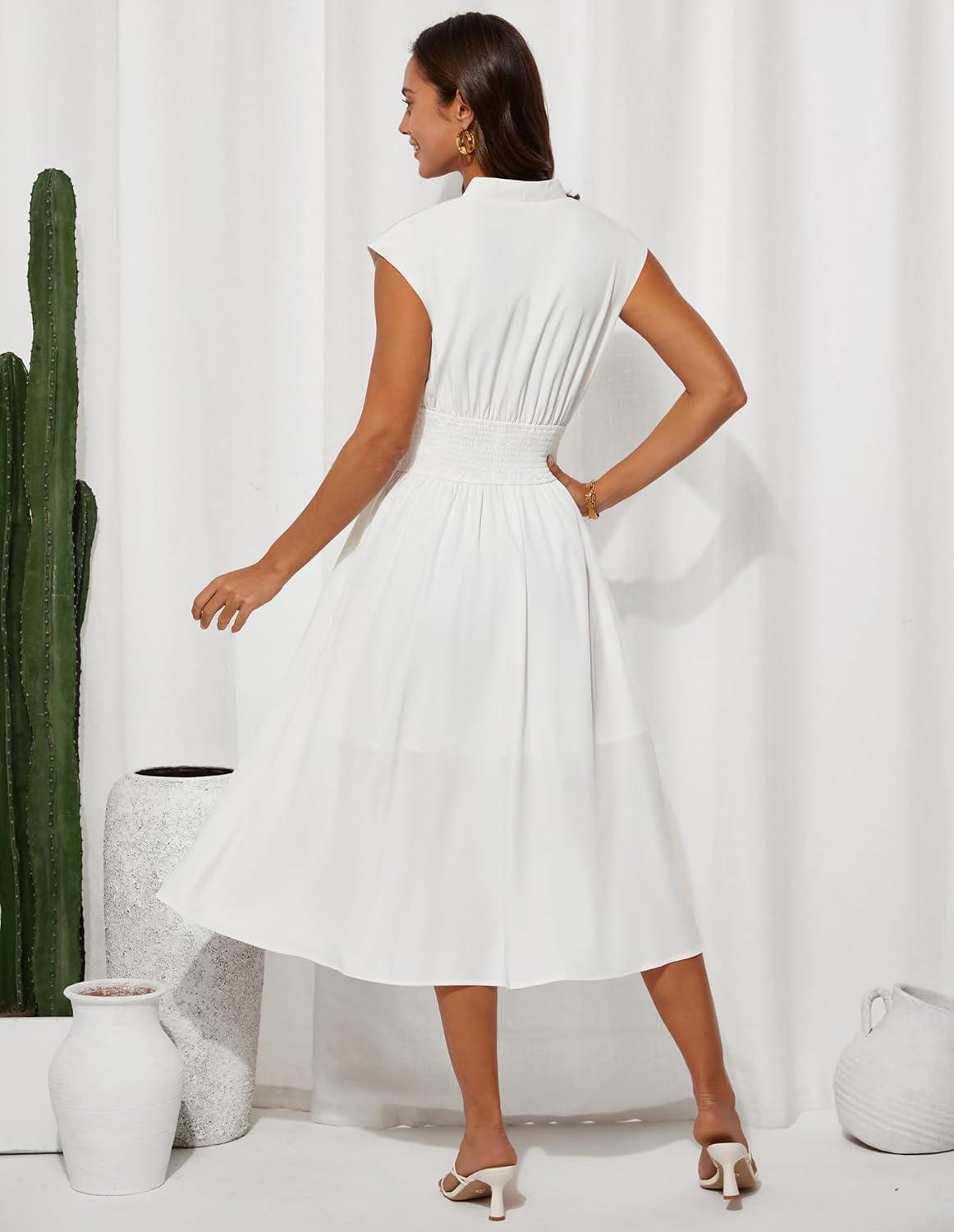 imageGRACE KARIN Womens Summer Casual Dress Business Office Work Dresses Cap Sleeve Zipper Front Flowy Midi Dress with PocketsIvory